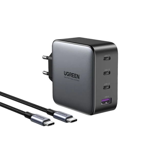 СЗУ UGREEN CD226 USB-A+3*USB-C 100W GaN с кабелем USB-C 100W, серый
